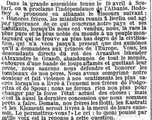 Gazeta austriake/Publikohet fjalimi i shpalljes së Pavarsisë së Shqipërisë (1880)