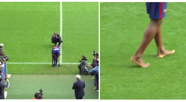 Yerry Mina i habit të gjithë gjatë prezantimit në “Camp Nou”, bën atë që se kishte bërë askush (FOTO)
