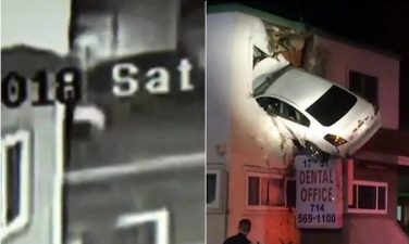 Nuk është skenë filmi! Makina përfundon në katin e dytë të ndërtesës (VIDEO)
