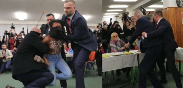 “Prostitutë e Putin”! Protestuesja gjysmë e zhveshur sulmon presidentin Çek (VIDEO)