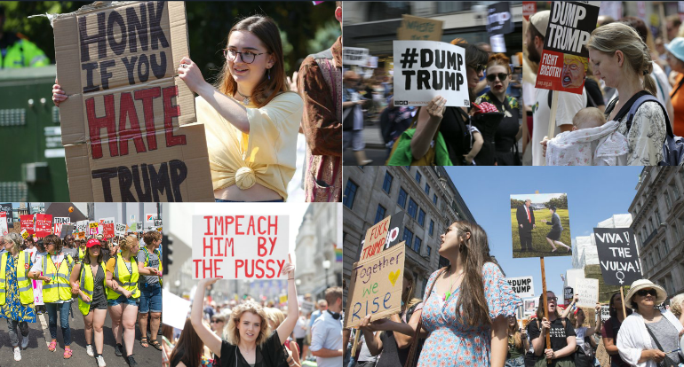 “Ik QËROHU”/ Protestat e GRAVE dhe VAJZAVE në Londër “tërbojnë” Presidentin Trump. Mijëra prej tyre me banderola për…