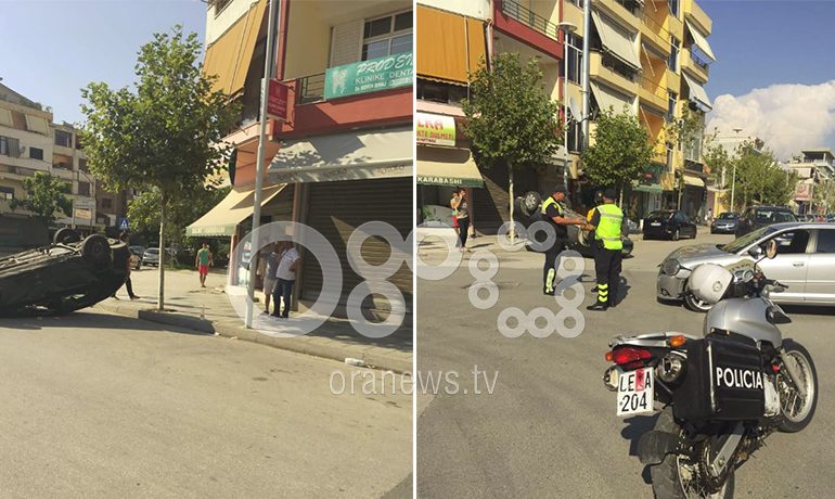 AKSIDENT I “PAZAKONTË” NË VLORË/ Makina përplaset dhe përmbyset në anën tjetër të rrugës