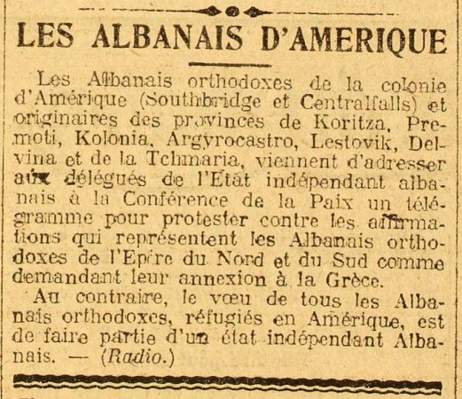 PARIS-MIDI (1919)/ Kërkesa e shqiptarëve të Amerikës për Epirin