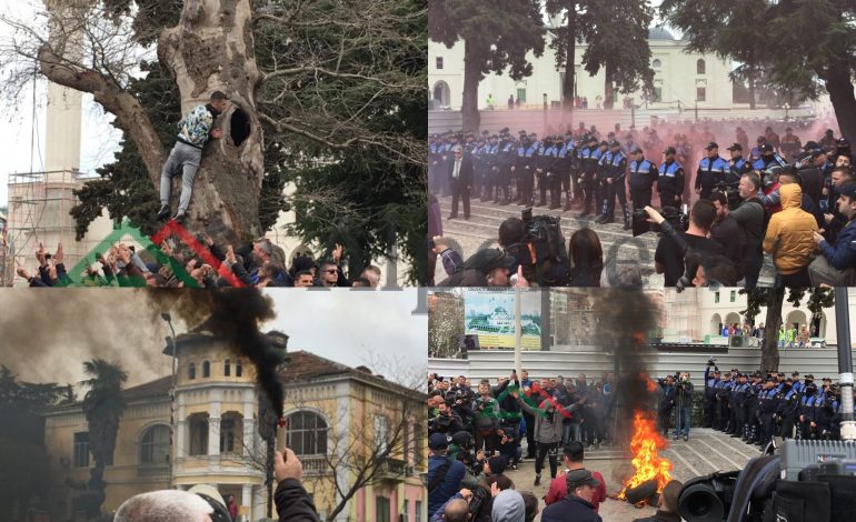 NGA SPIDERMANI NË PEMË TEK DJEGIA E GOMAVE/ Çfarë la pas protesta e opozitës para Kuvendit
