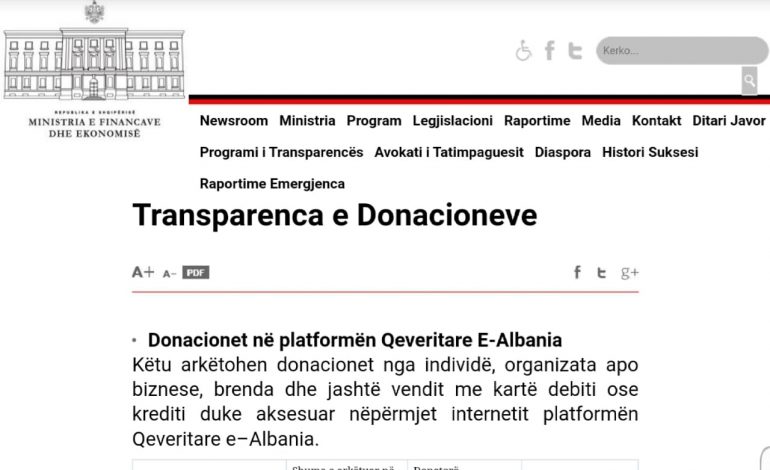 ”TRANSPARENCË MAKSIMALE TË DONACIONEVE”/ Ministria e Financave hap dritaren e posaçme ku secili mund të ndjekë donacionet në e-albania