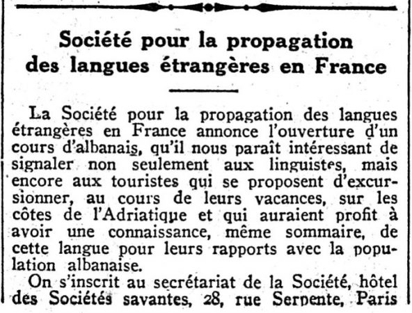 1939/ Kursi i parë për gjuhën shqipe në Francë, ja çfarë shkruante gazeta franceze