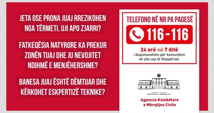KENI NEVOJË PËR NDIHMË PËR SHKAK TË FATKEQËSIVE NATYRORE? Telefono pa pagesë 116 – 116!