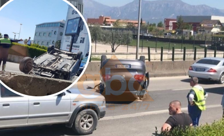 ME SHPEJTËSI SKËTERRË/ Makina në “fluturim” në autostradën Tiranë-Durrës, përmbyset në mes të rrugës (FOTO)