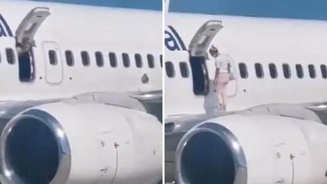 BËNTE SHUMË VAPË/ Gruaja hap derën e emergjencës dhe freskohet në krahët e avionit (VIDEO)