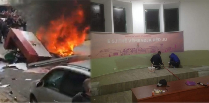 PROTESTUESIT SHKATËRRUAN DHE I VUNË FLAKËN/ Riparohet brenda natës selia e PS-së në Shkodër (FOTO)
