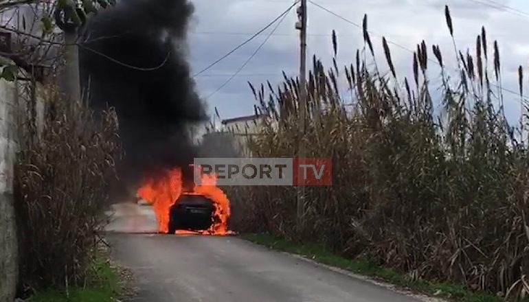 E RËNDË FIER/ Makina shkrumbohet nga flakët, drejtuesi i mjetit e braktis në anë të rrugës (VIDEO)