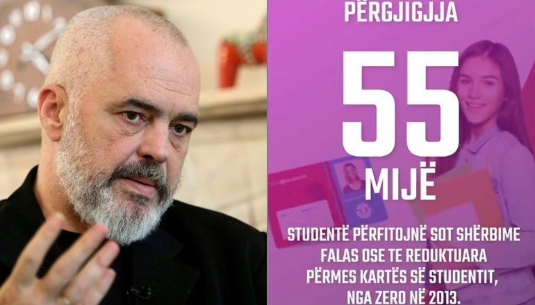 “100 DITË, 100 ARRITJE”/ Rama: Sot 55 mijë studentë përfitojnë shërbime falas përmes kartës së studentit, në…