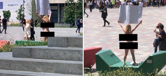 FOTOLAJM/ Në mes të sheshit ‘Skënderbej’ qytetarja proteston nudo kundër abuzimeve seksuale