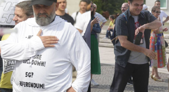 ÇUDIRA NË TIRANË/ Altin Goxhaj dhe Alfred Çako protestojnë kundër vaksinimit: Do na fusin çipin, rroftë Trump