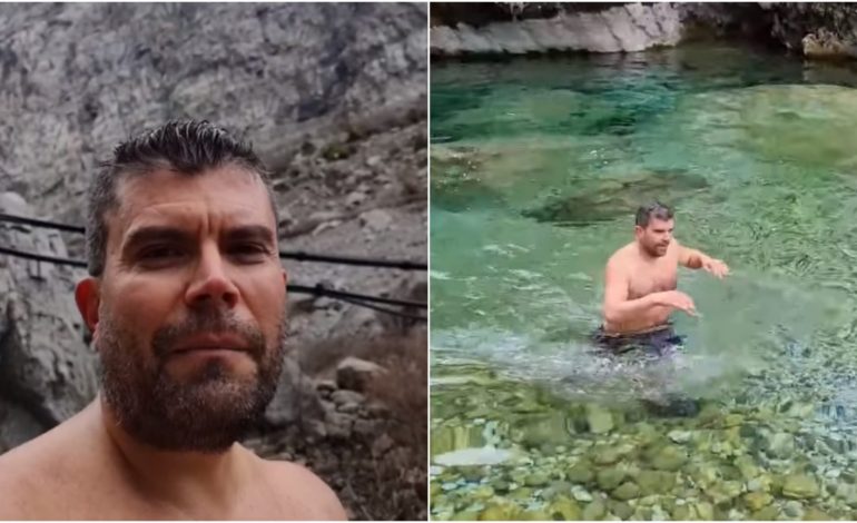 PLAZH NË DIMËR/ Pedagogu sfidon temperaturat dhe lahet në Gropat e Selcës në Kelmend: Pak nga ju… (VIDEO)