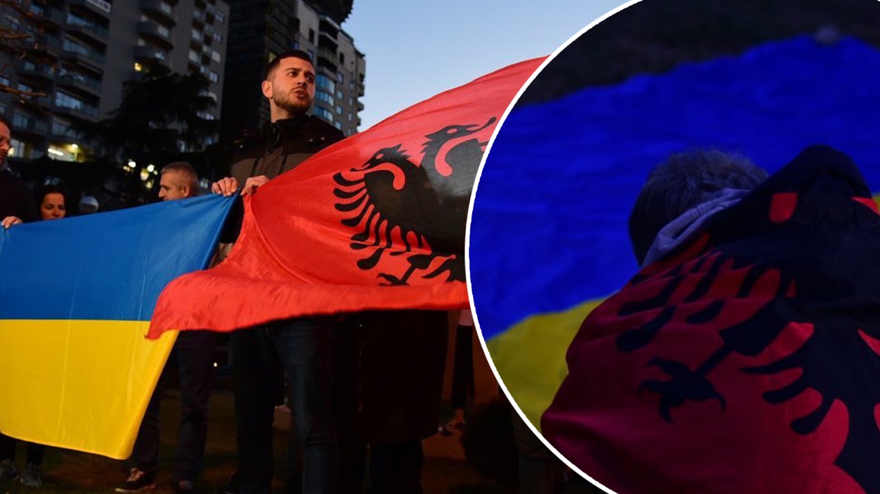 “JO LUFTË”/ Shqiptarët solidarizohen me Ukrainën, protestë para Ambasadës Ruse në Tiranë