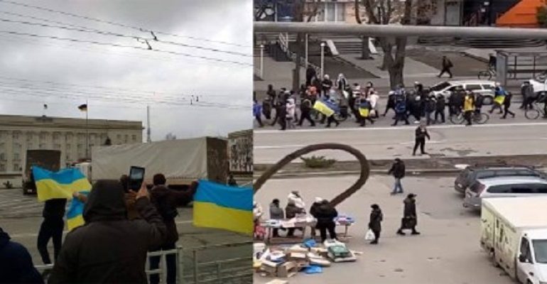 “LARGOHUNI NGA VENDI YNE”/ Rusët pushtuan Melitopol-in dhe Kherson, qytetarët ukrainas nuk dorëzohen, me flamuj në duar dalin…