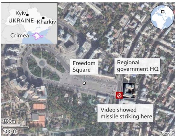 HARTA/ Ja lëvizjet e raketës ruse mbi Kharkiv, momenti i frikshëm kur godet zyrën qeveritare (VIDEO)
