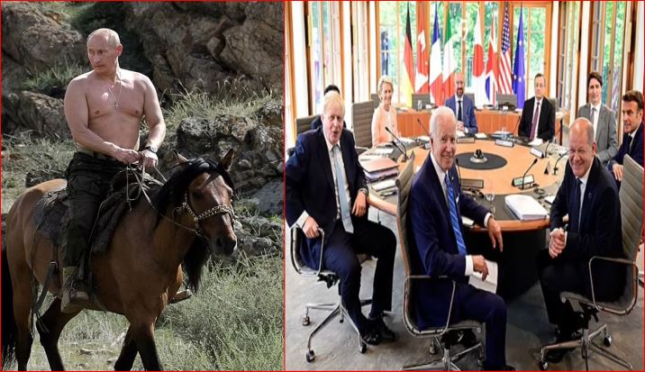 “KALORËSI ME GJOKSIN E ZBULUAR”/ Batuta në drekën e G7-ës, liderët ‘shkrihen’ së qeshuri me foton e famshme të Putin