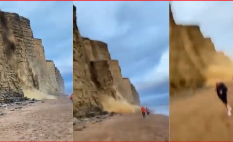 E PABESUESHME/ Momenti kur disa turistë i mbijetojnë shembjes së një mase shkëmbore në një plazh të Anglisë