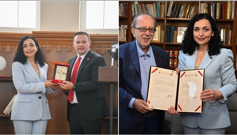 VJOSA OSMANI MBYLL VIZITËN NË SHQIPËRI/ Presidentja nderohet me titullin ‘Patron i Kalasë’! I dorëzon Ismail Kadaresë nënshtetësinë e Kosovës