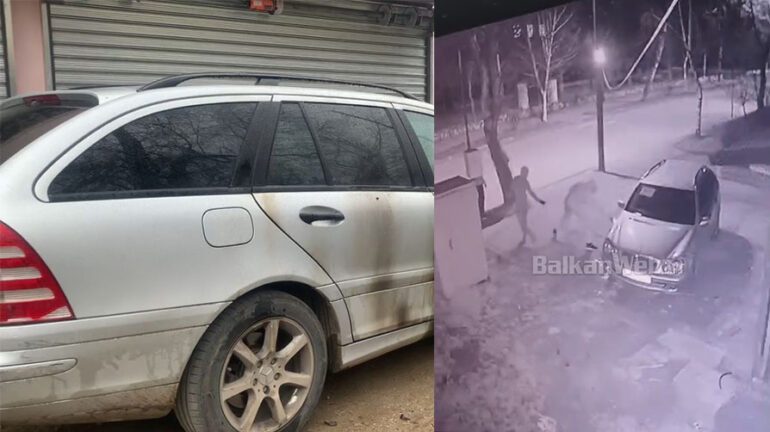 VIDEOLAJM/ Me kapuça dhe doreza, ja momenti kur 4 të rinjtë i vënë flakën automjetit në Korçë