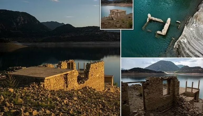 THATËSIRA NË GREQI/ “Avullon” liqeni artificial, dalin rrënojat e fshatit për herë të parë në 30 vjet