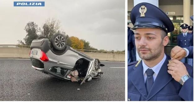 POLICI SHQIPTAR NË ITALI KTHEHET NË HERO/ Shpëton gruan e moshuar të ngecur në makinën e përmbysur