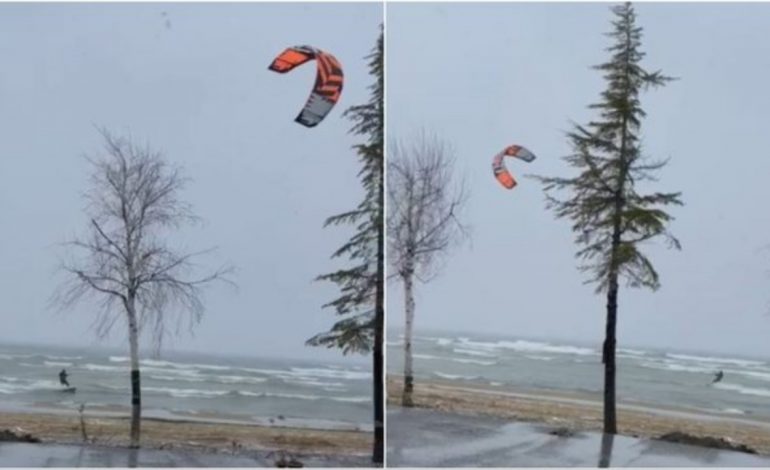 VIDEOLAJM/ Spektakël në liqenin e Pogradecit, sërf mbi ujë në temperatura të ulëta