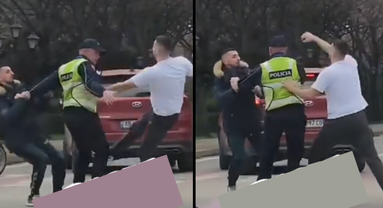 “PLAS” GRUSHTI NË MES TË RRUGËS NË TIRANË/ Polici mundohet të ndajë dy të rinjtë