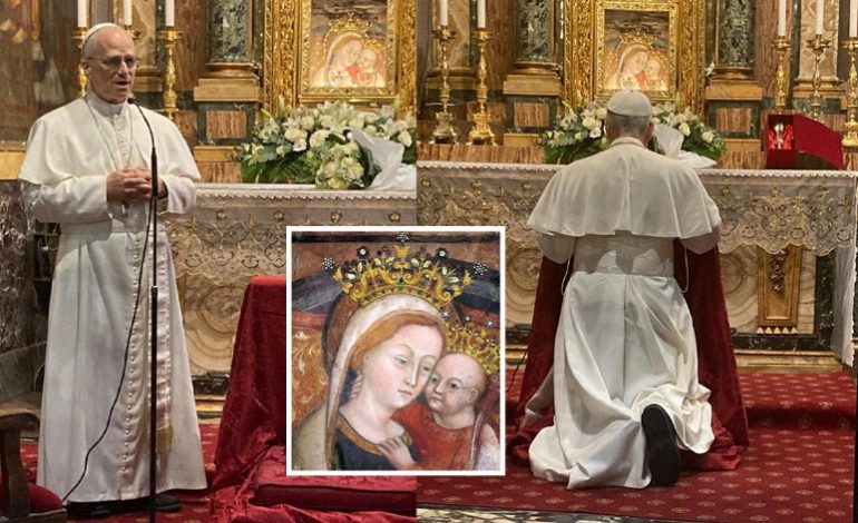 FOTOLAJM/ Papa Leoni XIV viziton “Zojën e Shkodrës”, kisha ku ruhet ikona që iku në Mesjetë