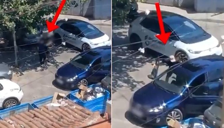 VIDEOLAJM/ Momenti kur 34-vjeçari merr 40-vjeçarin në makinë dhe e godet me grushte! Policia e vendos në pranga