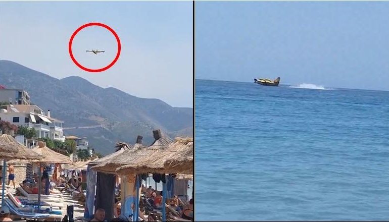 BORSHI NË FLAKË/ Momenti kur avioni nga Italia kalon ‘mbi kokat’ e pushuesve për t’u mbushur me ujë në det