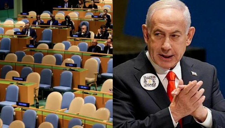 OKB/ Netanyahu e quan të turpshme njohjen e Palestinës, salla boshatiset gjatë fjalimit të tij