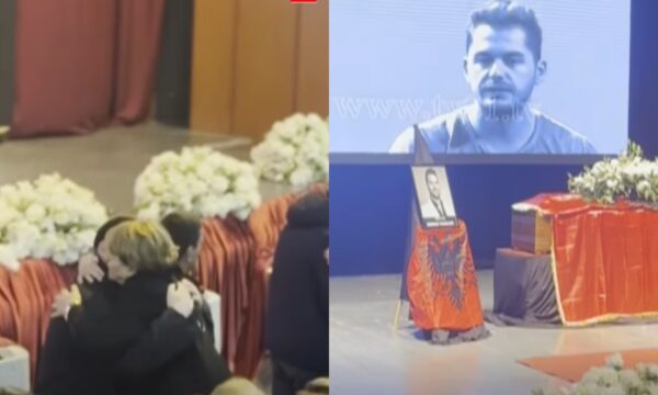 NISIN HOMAZHET NË NDERIM TË SHPAT KASAPIT/ Arkëmorti i këngëtarit mbulohet me flamurin kombëtar shqiptar