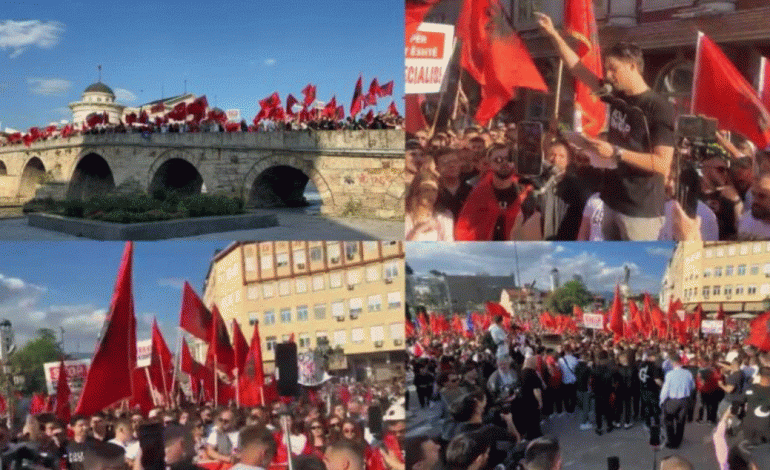“GJUHA SHQIPE AMANET”/ Protesta në RMV, studentët shqiptarë kërkojnë dorëheqjen e kryeministrit maqedonas