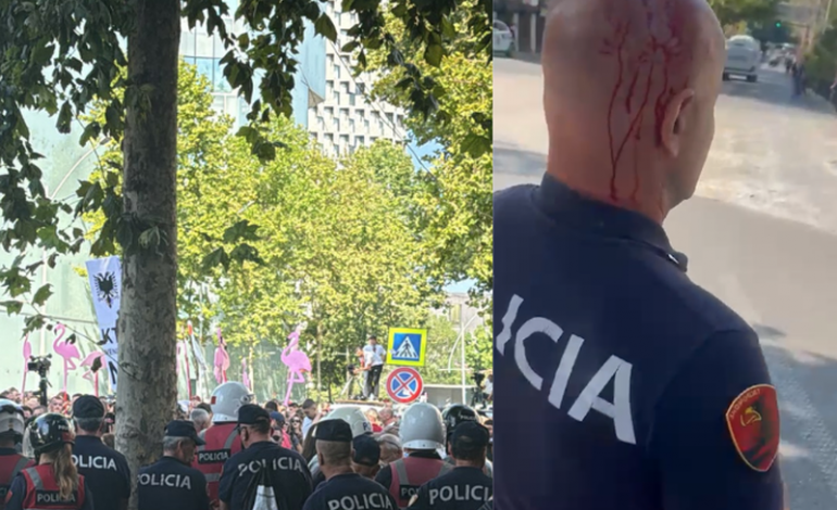 PROTESTUESIT SULMOJNË ME GURË POLICINË/ Plagoset në kokë një efektiv