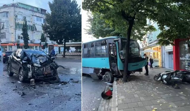PUBLIKOHEN PAMJET E FRIKSHME NGA KAMERAT E SIGURISË/ Makina përplas urbanin dhe e nxjerr nga korsia në Tiranë